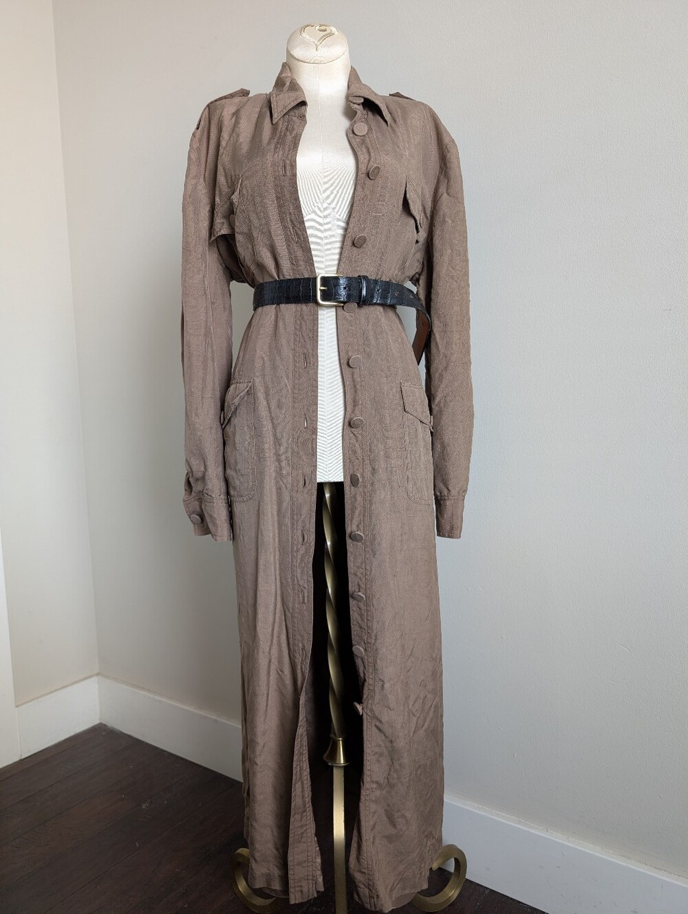 Vintage Rare 100% Silk Maxi Shirt Dress/Duster In Khaki For Fall Size 14, M-L